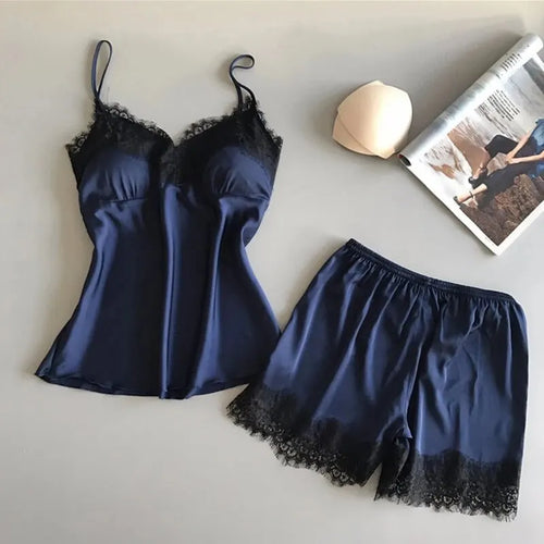 Women Pajama Suit Fashion V-Neck Stretch Satin Babydoll Lace Sexy