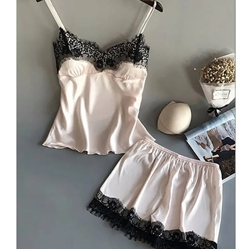 Women Pajama Suit Fashion V-Neck Stretch Satin Babydoll Lace Sexy