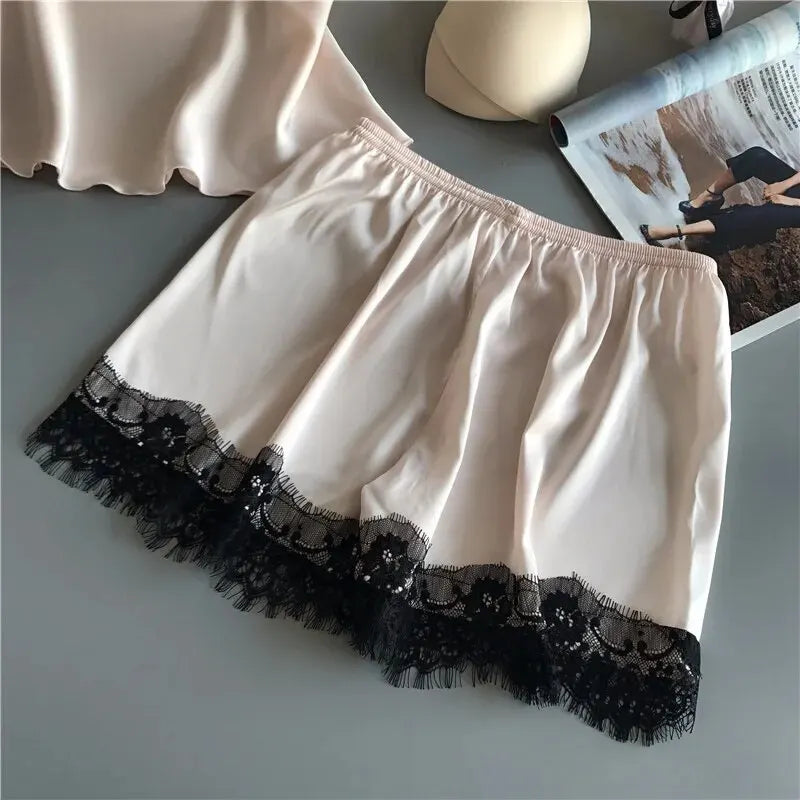 Women Pajama Suit Fashion V-Neck Stretch Satin Babydoll Lace Sexy