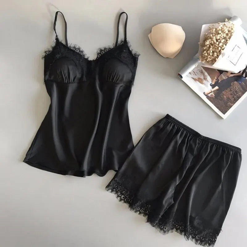 Women Pajama Suit Fashion V-Neck Stretch Satin Babydoll Lace Sexy