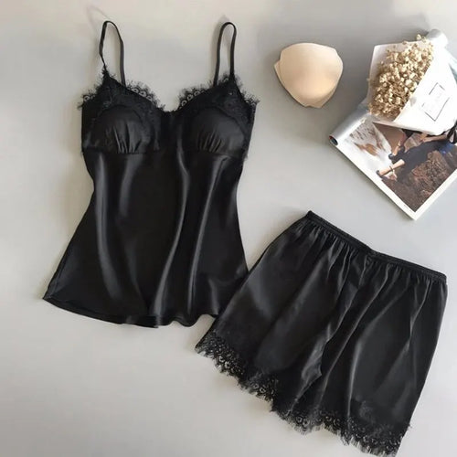 Women Pajama Suit Fashion V-Neck Stretch Satin Babydoll Lace Sexy